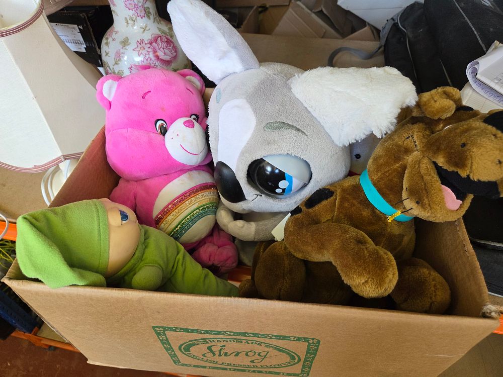 Lot 322 – One Box of Miscellaneous Plush Toys Including Care Bears and Scooby-Doo