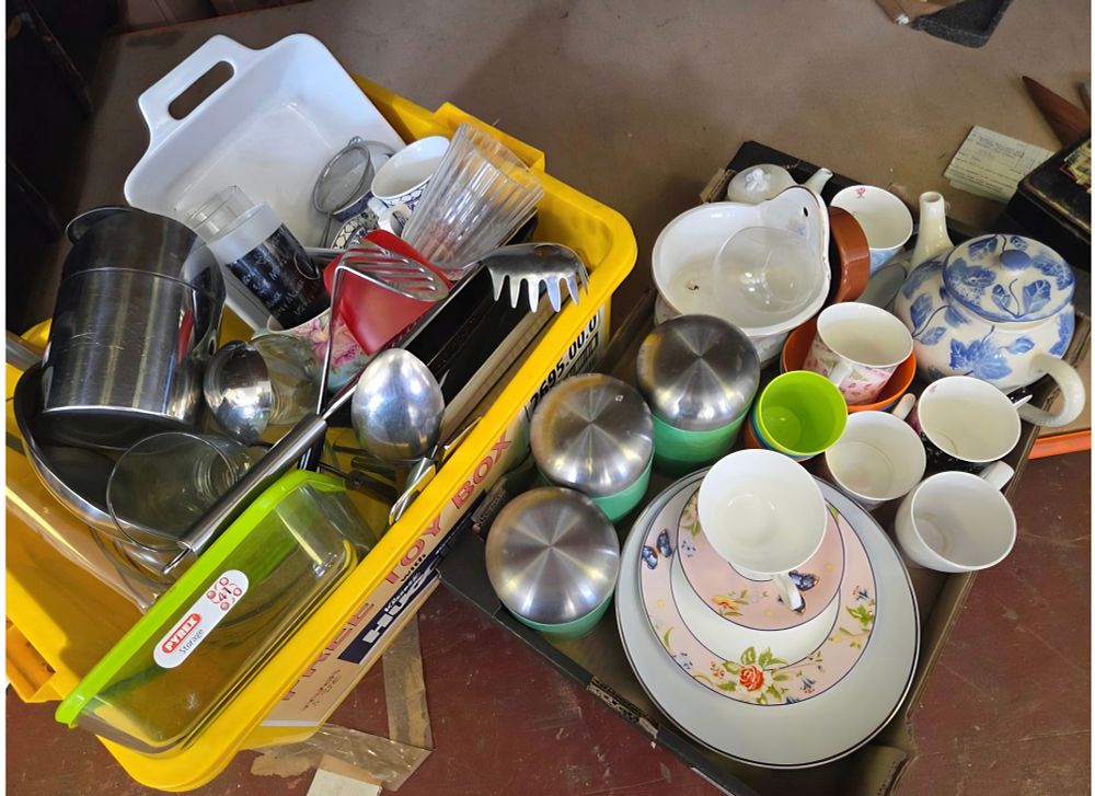Lot 302 – Two Boxes of Household Kitchenware Ceramics and Glassware Including Pyrex
