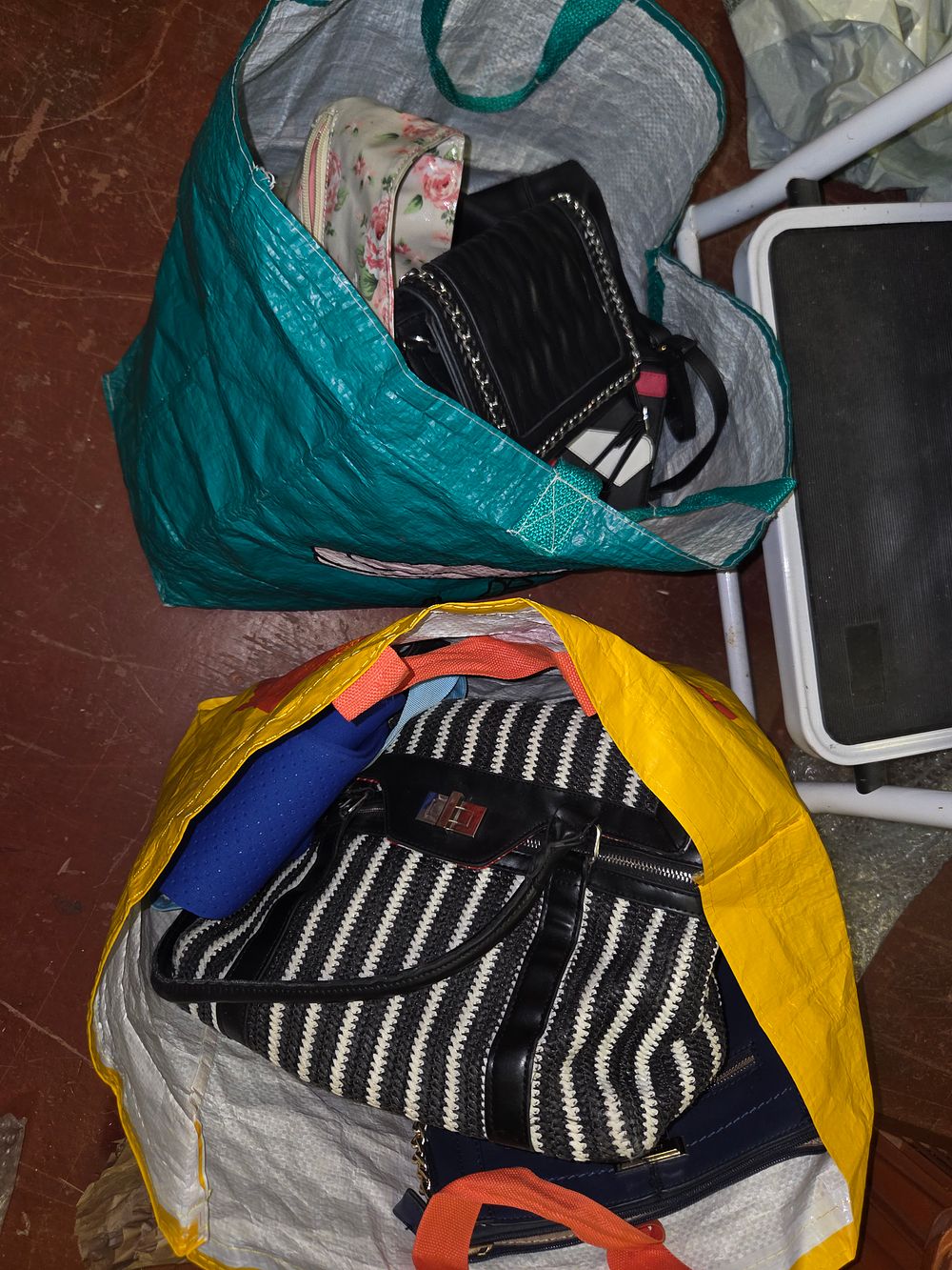 Lot 352 – Two Bags of Miscellaneous Handbags and Accessories Including Large Striped Tote Bag