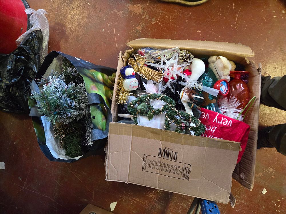 Lot 365 – One Box and One Bag of Christmas Decorations Including Foliage and Festive Ornaments