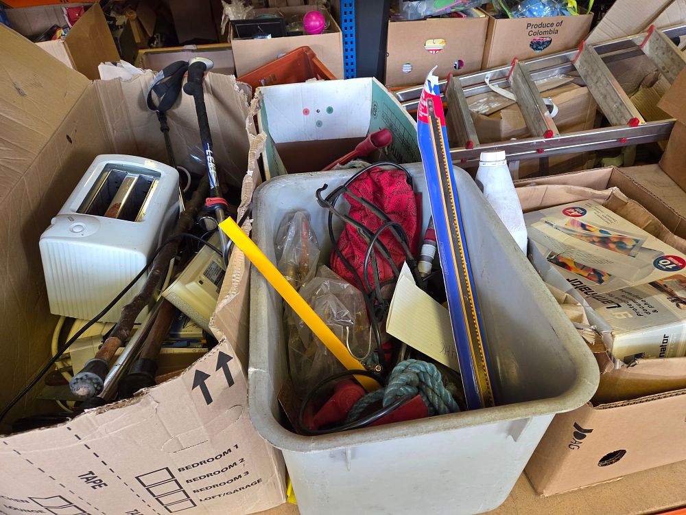 Lot 358 – Four Boxes of Miscellaneous Household Items and Small Appliances Including Leki and Office Works untested