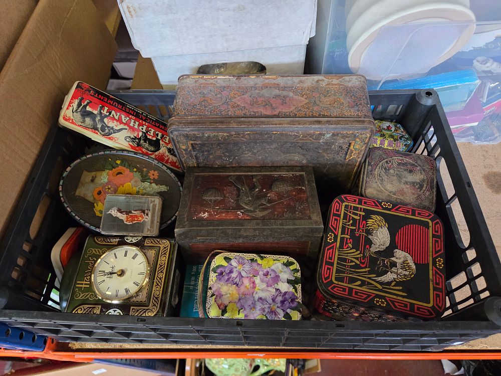 Lot 368 – One Box of Miscellaneous Vintage Lithographed Tinplate Advertising and Decorative Tins Including Harrods and Elephant