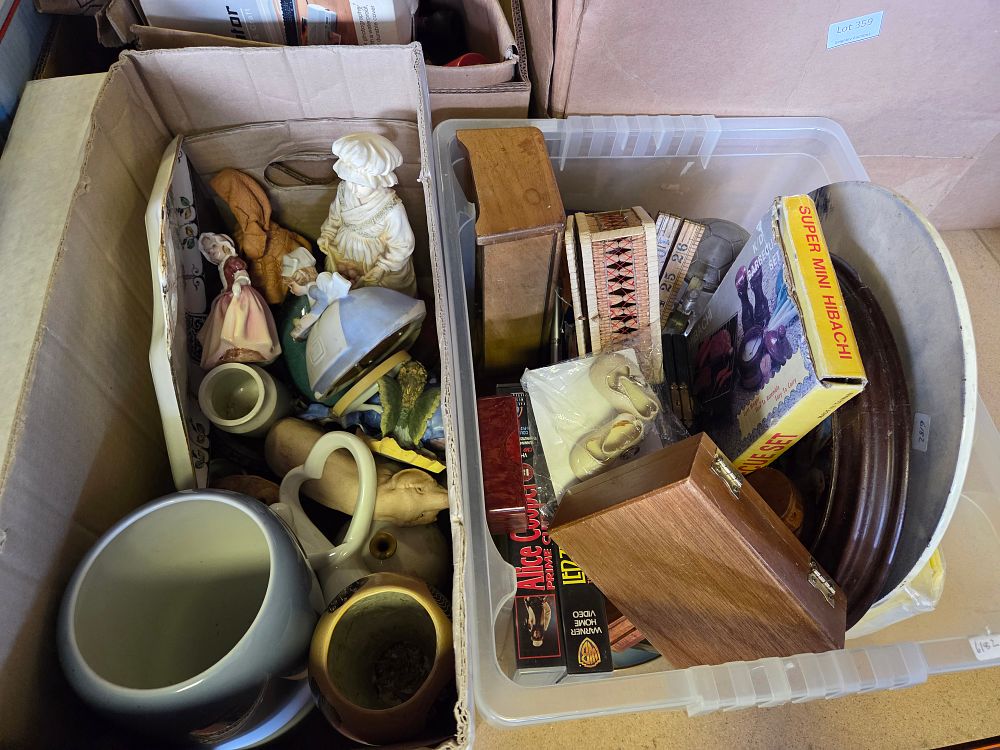 Lot 375 – Two Boxes of Miscellaneous Collectables Ceramics and Household Items Including Alice Cooper VHS and Super Mini Hibachi