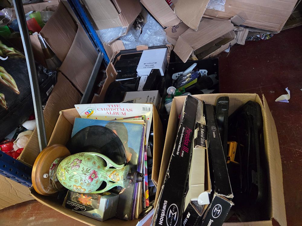 Lot 378 – Four Boxes of Miscellaneous Electronics Vinyl Records and Sundries Including Sumvision Rockland and GQueen