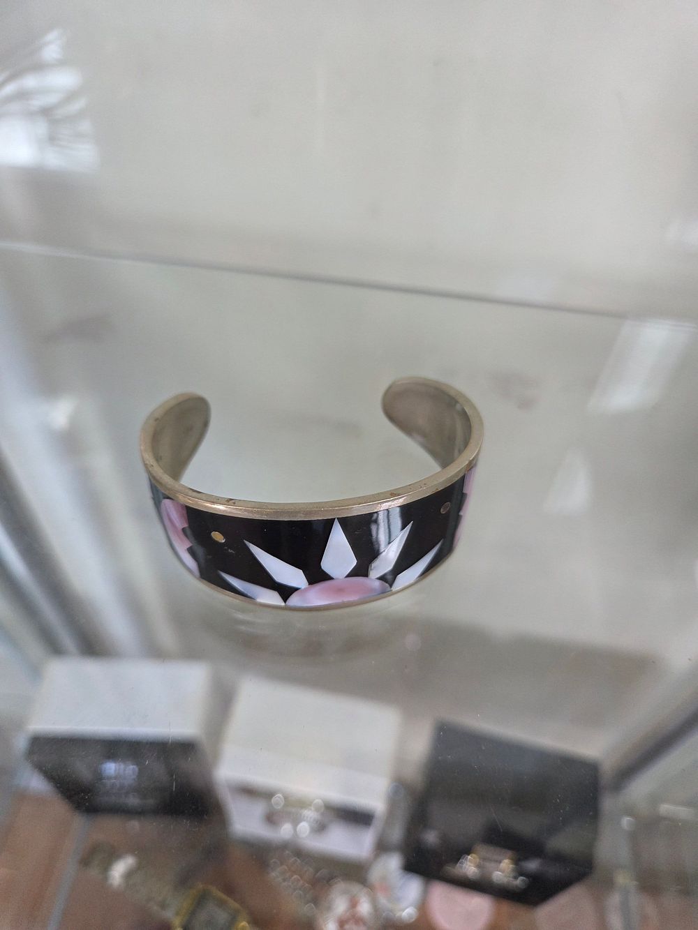 Lot 630 – Mexican Silver Inlaid Shell and Brass Cuff Bracelet 23.68g