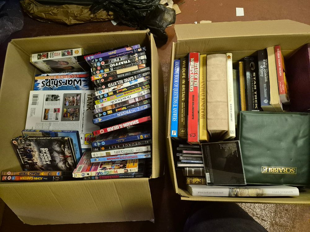 Lot 160 – Two Boxes of Mixed Books DVDs and Games Including Scrabble and Railway Interest