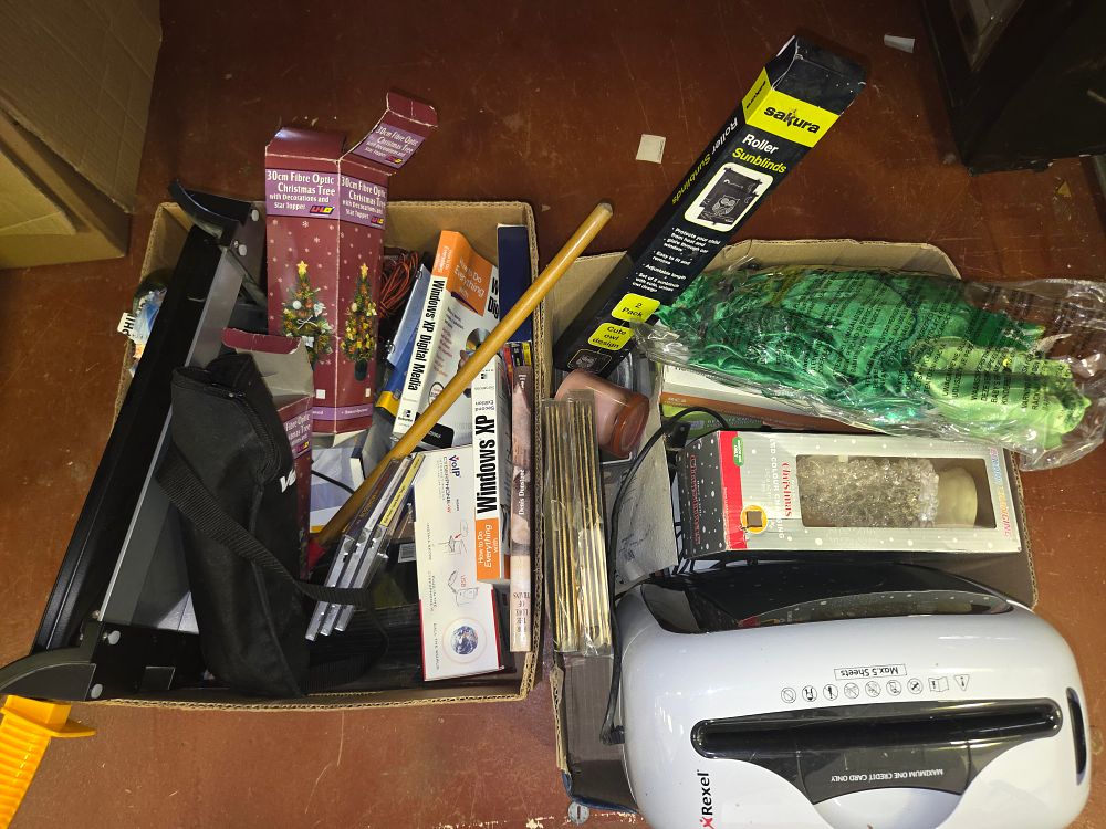 Lot 159 – Two Boxes of Household Goods Seasonal Decor and Office Equipment Including Rexel Sakura and LLD