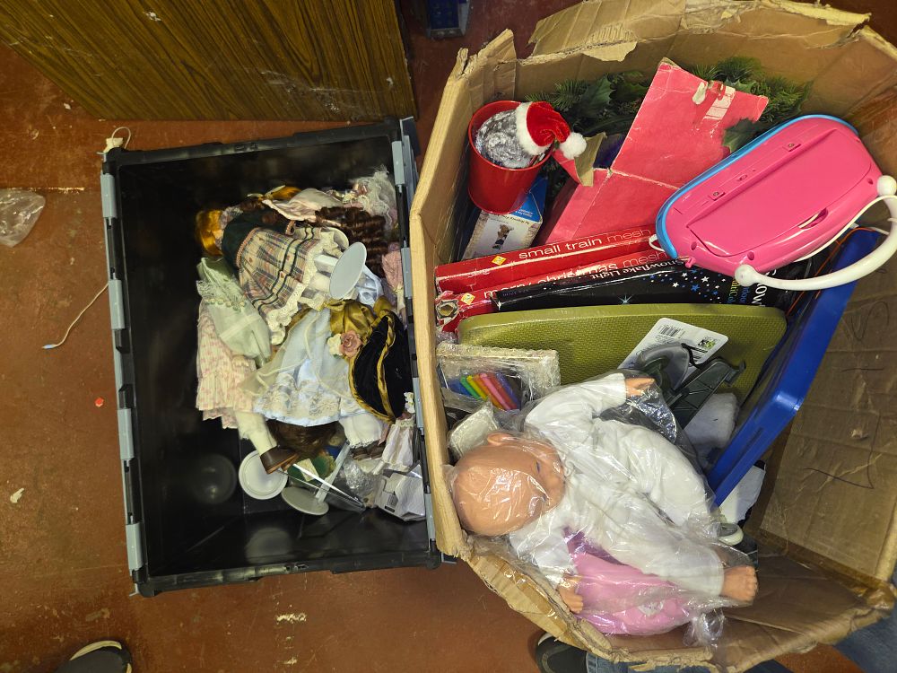 Lot 163 – Two Boxes of Miscellaneous Toys and Christmas Decorations Including Porcelain Style Dolls