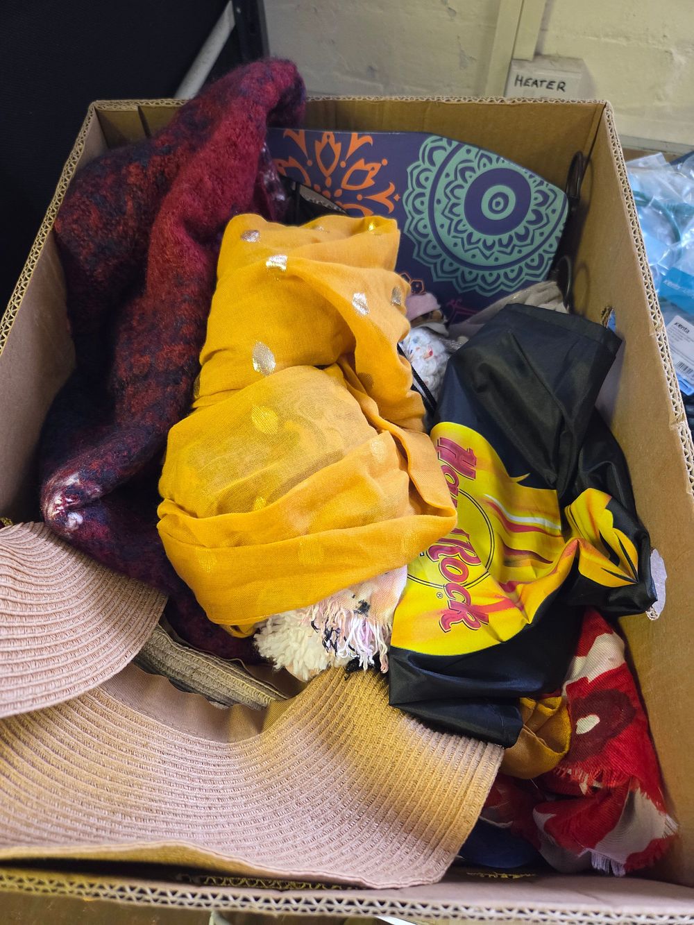 Lot 181 – Box of Fashion Accessories and Textiles Including Hard Rock Bag