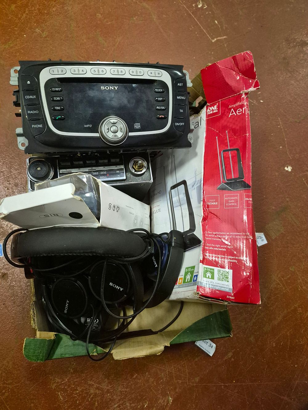 Lot 213 – Box of Miscellaneous Electronics and Car Audio Including Sony and One For All