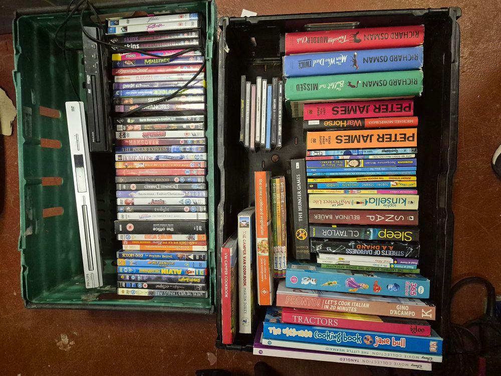 Lot 216 – Two Boxes of Miscellaneous Books DVDs and Electronic Equipment Including Philips and Richard Osman