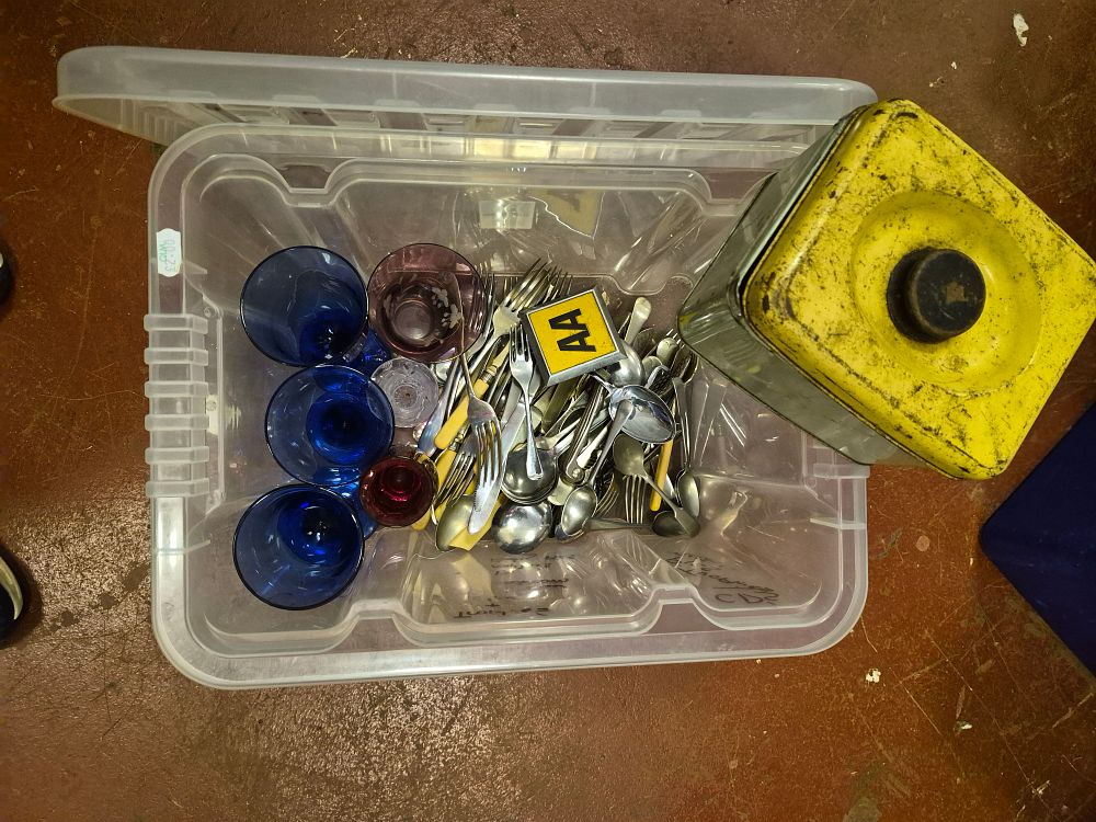 Lot 219 – Box of Miscellaneous Cutlery, Glassware and Collectables Including an AA Badge
