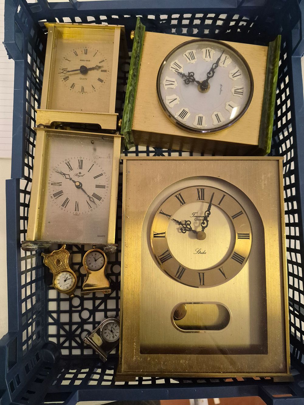 Lot 235 – Basket of Miscellaneous Mantel and Carriage Clocks Including Bentima Fineman and Royal