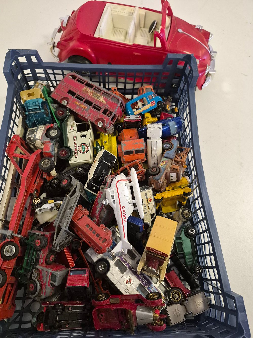 Lot 237 – Basket of Toy Vehicles Including Matchbox and Bluebird