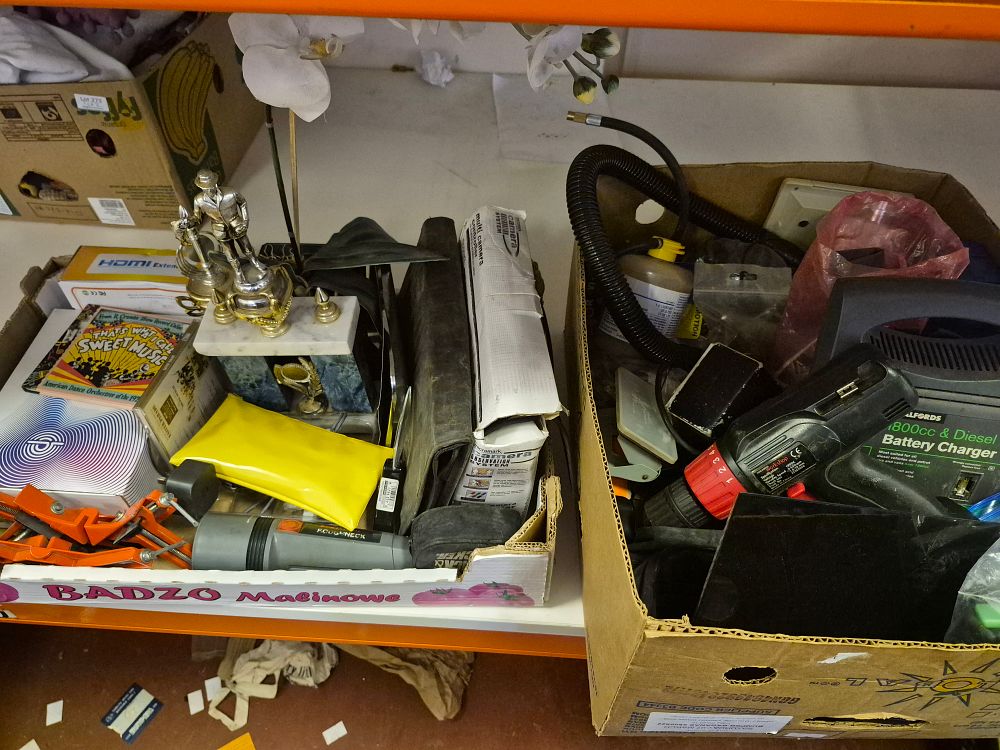 Lot 274 – Two Boxes of Tools Electronics and Collectables Including Halfords Micromark and Roughneck