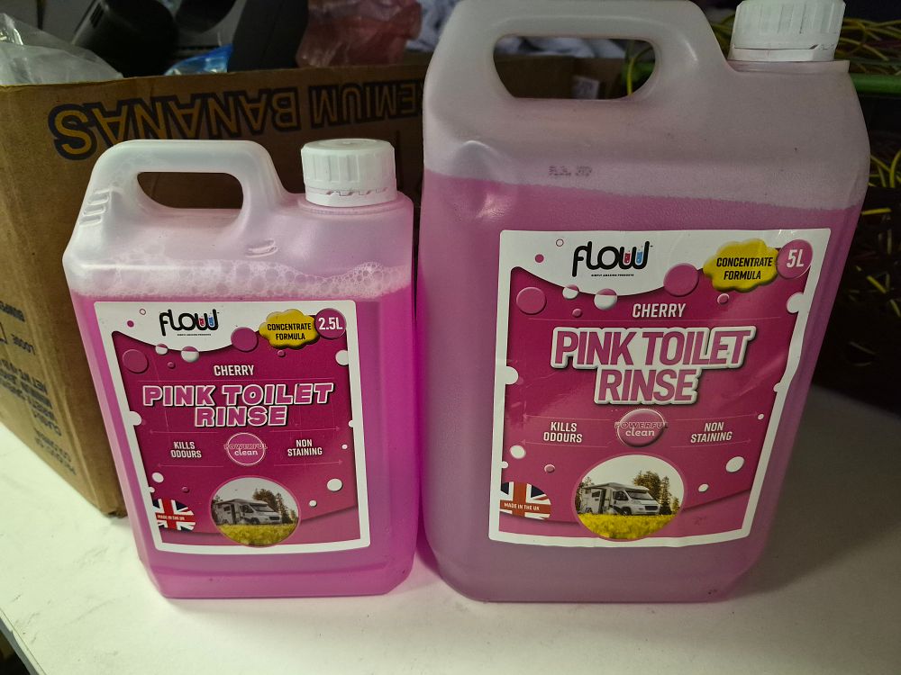 Lot 276 – Two Flow Cherry Pink Toilet Rinse Concentrate Fluids 5l and 2.5l