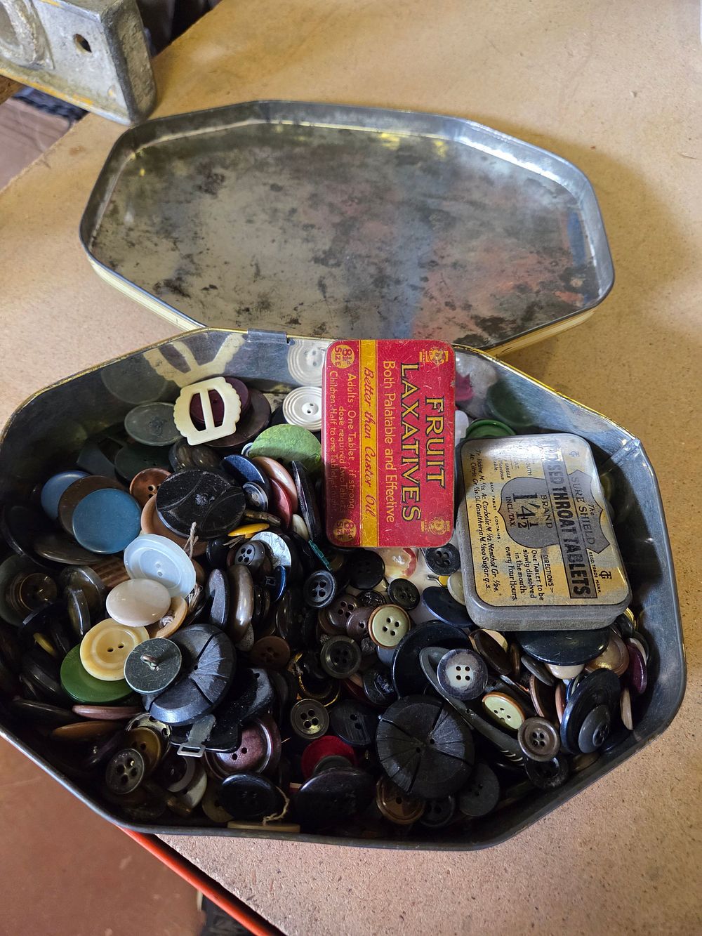 Lot 244 – A Tin of Vintage Haberdashery Buttons and Medicinal Tins Including Claude Duval and Fruit Laxatives