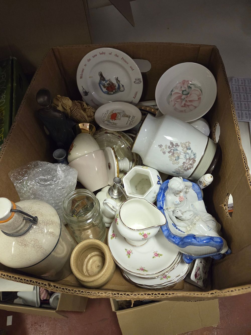 Lot 281 – Box of Miscellaneous Ceramics Glassware And Collectables Including Beatrix Potter And Royal Commemorative Wares