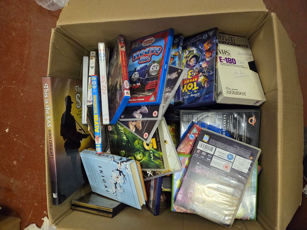 Lot 282 – One Box of Mixed Media Books and DVDs Including Toy Story 3 Thomas and Friends and Prison Break
