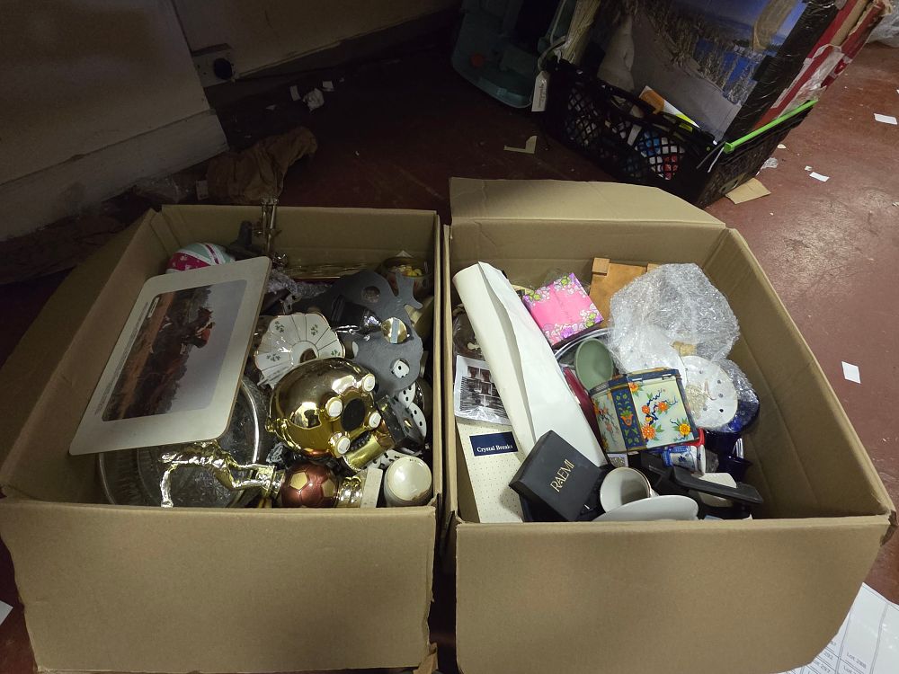 Lot 285 – Two Boxes of Miscellaneous Household Goods and Collectables Including Football Trophies Betsey Johnson and RAEMI