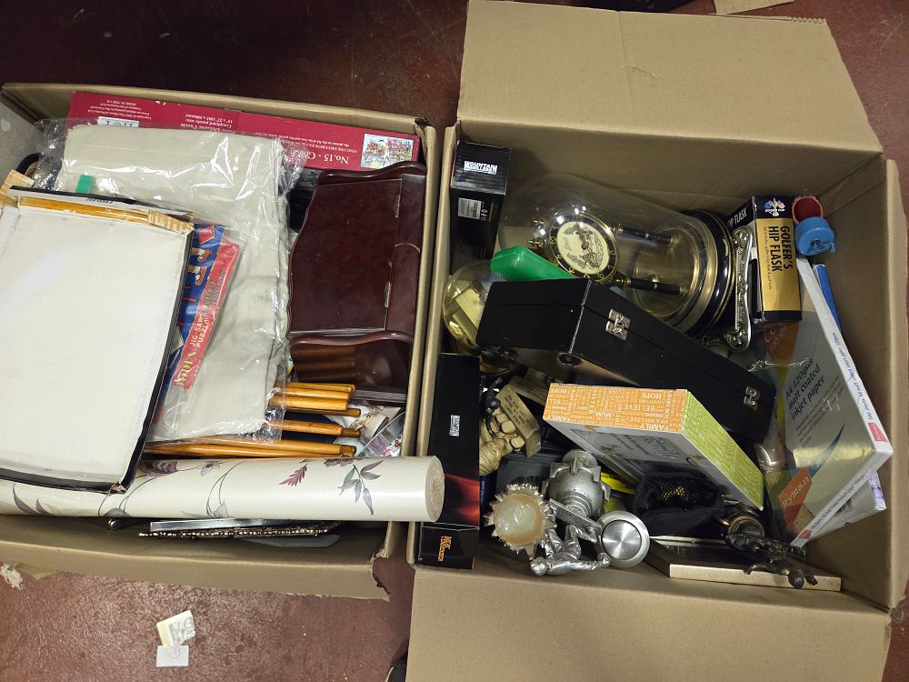 Lot 286 – Two Boxes of Household Goods and Collectables Including Anniversary Clock Jigsaw Puzzles and Mountain Grillers