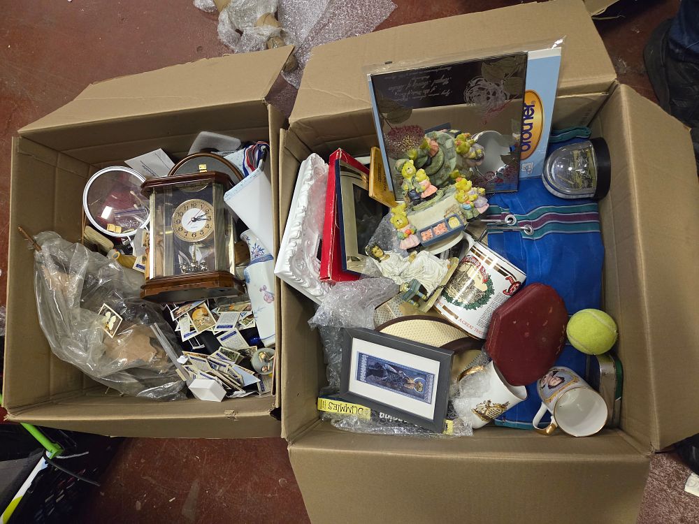 Lot 287 – Two Boxes of Miscellaneous Collectables Including a Wooden Mantel Clock and Royal Heritage Ceramics