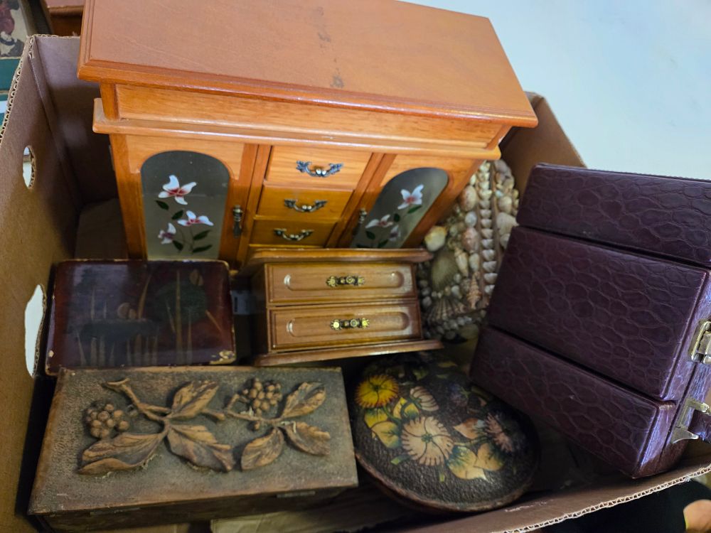Lot 294 – One Box of Miscellaneous Decorative Boxes Including a Miniature Wooden Jewellery Cabinet