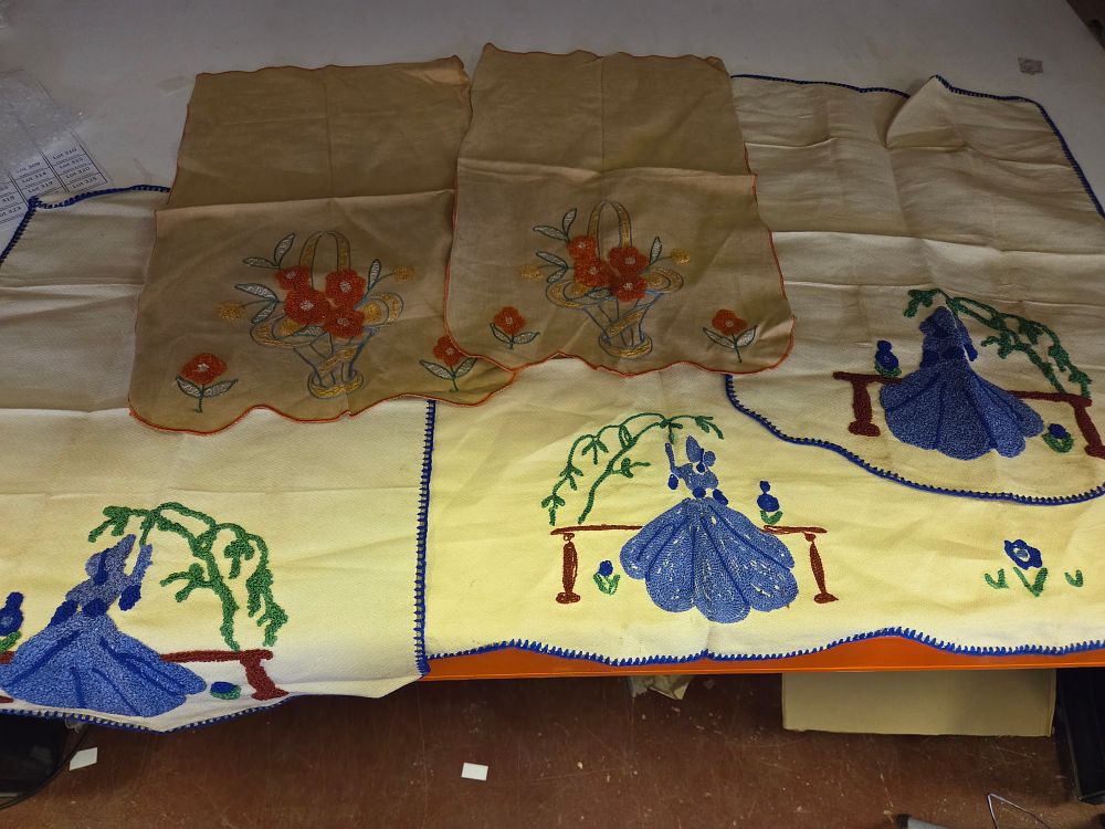 Lot 308 – Five Embroidered Linens Including Crinoline Lady Motifs