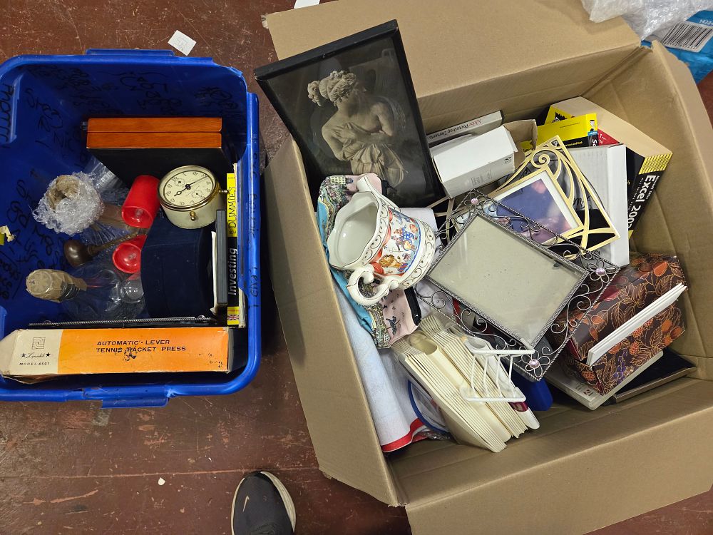 Lot 310 – Two Boxes of Miscellaneous Household Collectables, Books, and Glassware Including a Lipsichik Tennis Racket Press