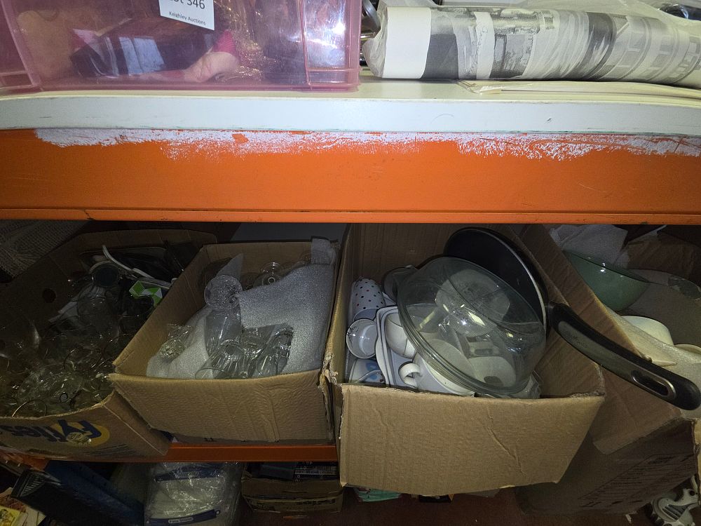 Lot 312 – Four Boxes of Household Kitchenware Glassware and Ceramics Including Oneida and Royal Memorabilia