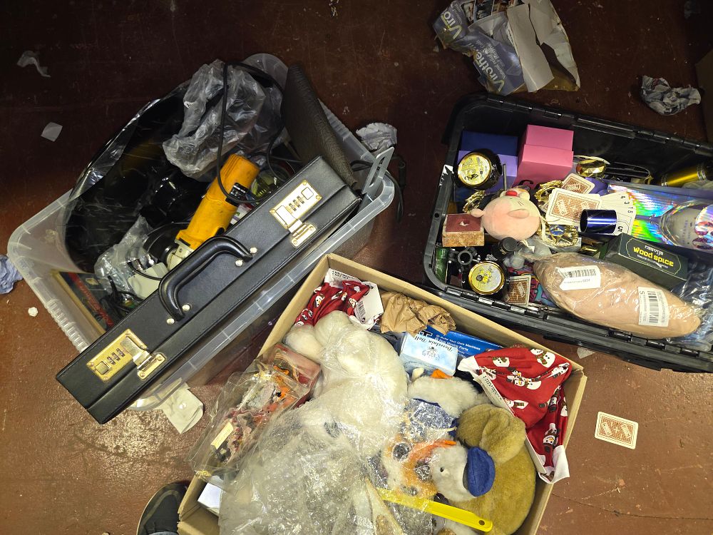 Lot 322 – Three Boxes of Miscellaneous Household Goods Tools and Collectables Including Wood Spice and Porcelain Doll