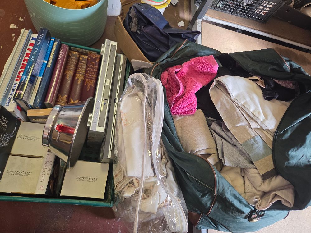 Lot 324 – Box and Bag of Household Sundries and Clothing etc, including Alba Landon Tyler and Arthur Mee Books