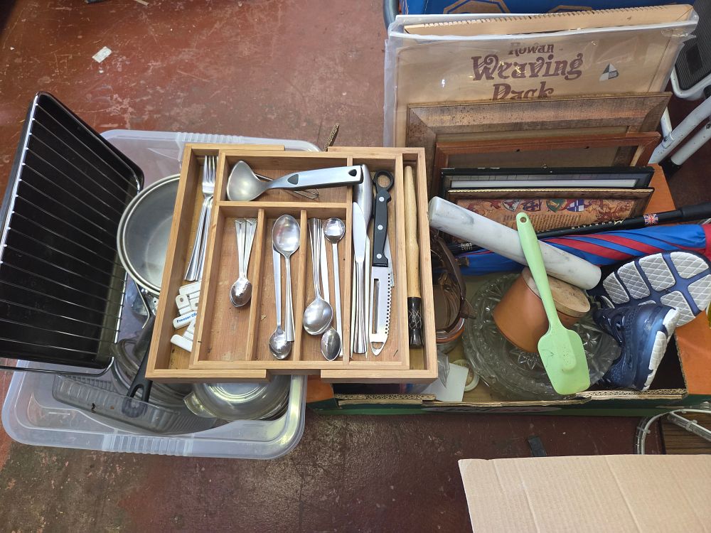 Lot 326 – Two Boxes of Household Kitchenware Cookware and Sundries Including Rowan Weaving Pack