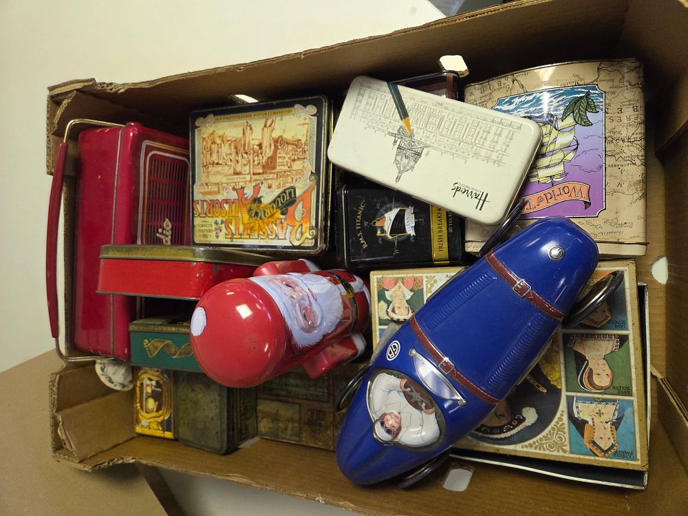 Lot 332 – One Box of Vintage Advertising and Novelty Tinware Including Harrods and Bassett’s