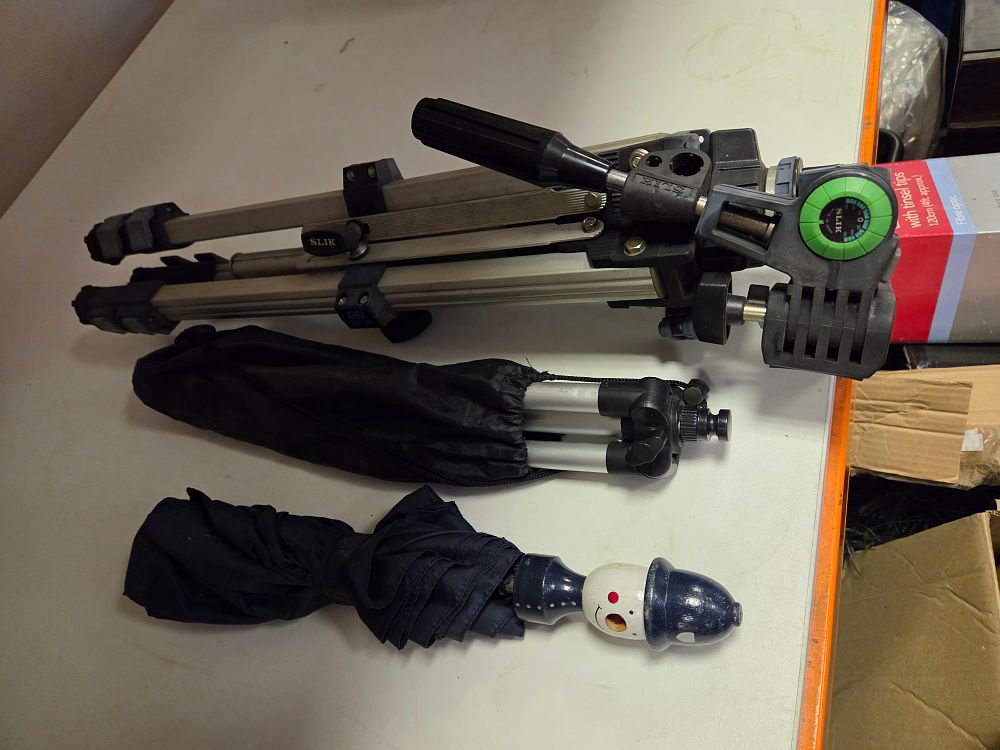 Lot 335 – A Selection of Camera Tripods and a Novelty Umbrella Including SLIK