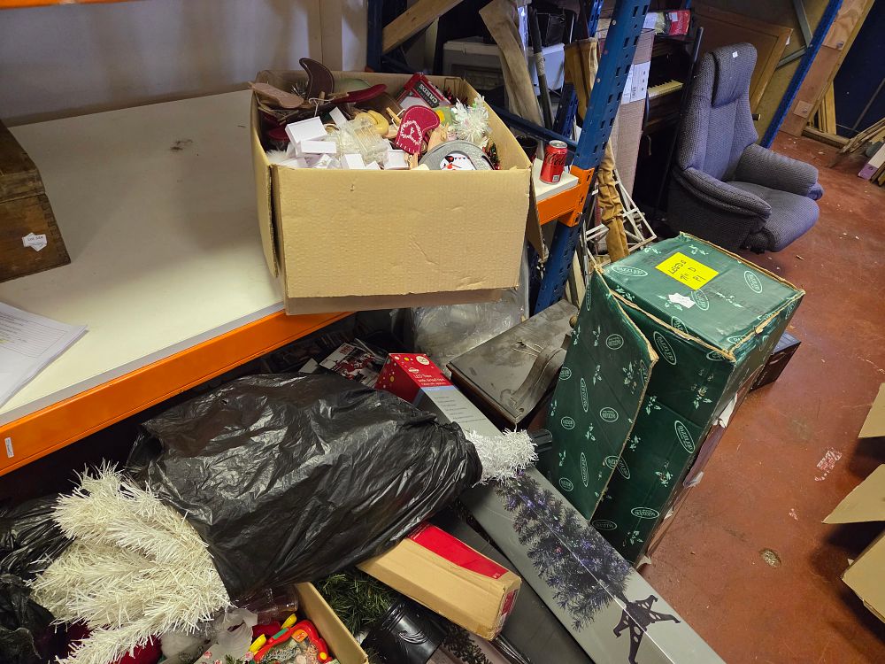 Lot 348 – Eight Boxes Bags and Baskets of Christmas Decorations and Artificial Trees Including Dazzlers