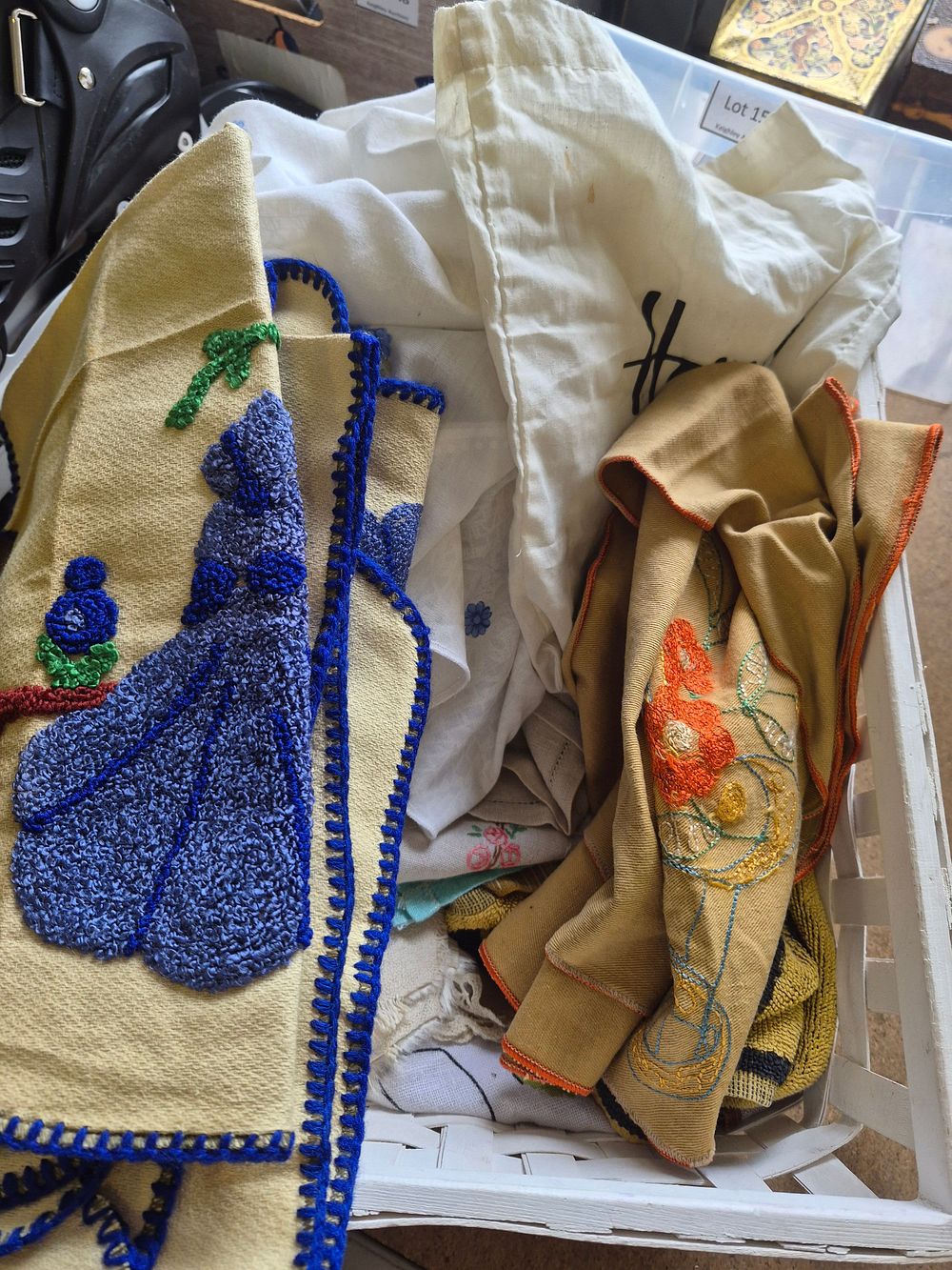 Lot 154 – Basket of Vintage Domestic Linens and Hand Embroidered Textiles