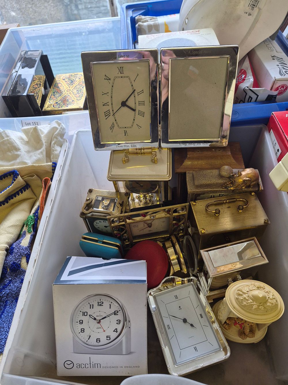 Lot 157 – Box of Mantel Desk and Travel Clocks Including Acctim Rhythm and Ravel