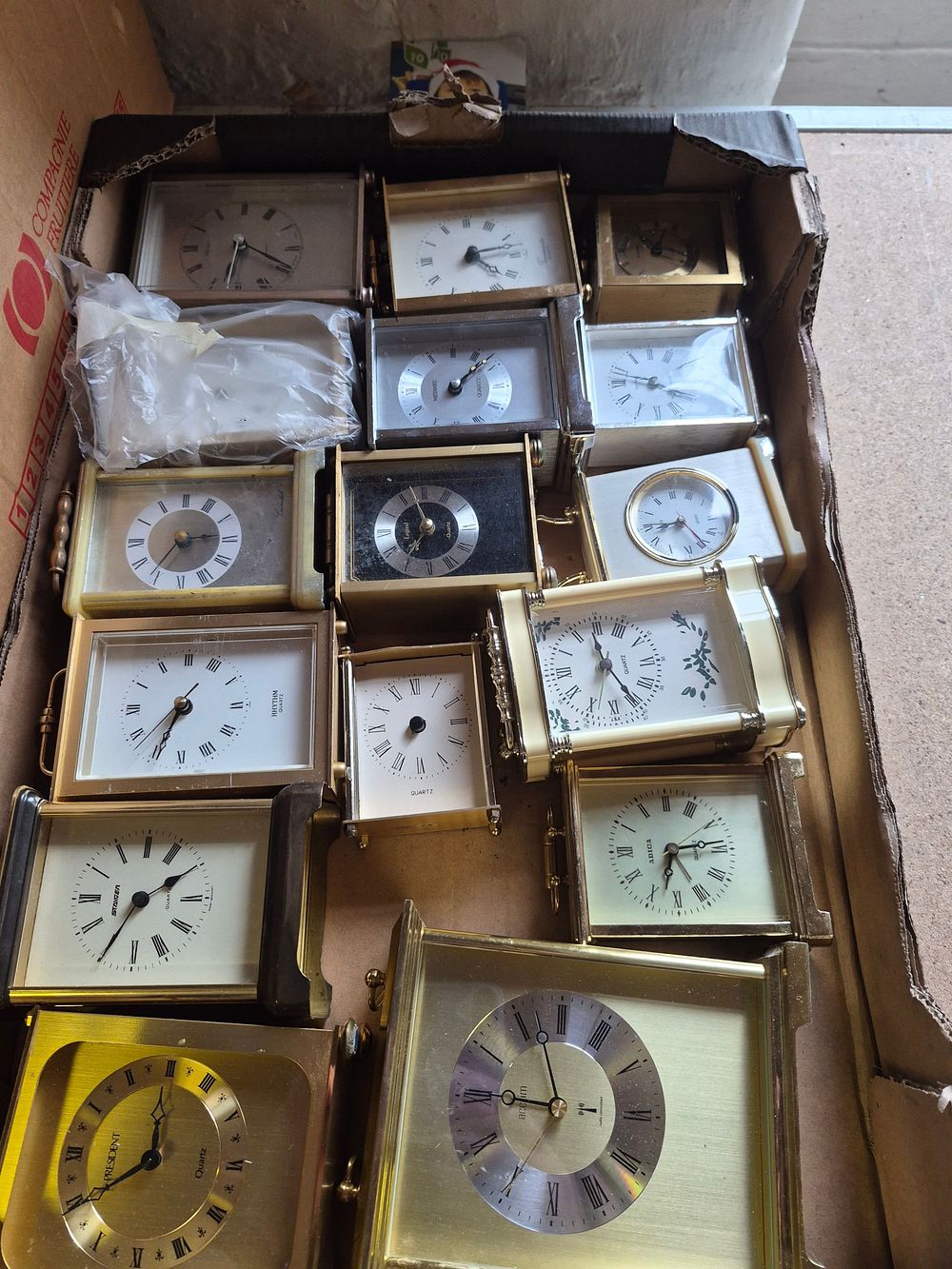 Lot 159 – Box of Assorted Carriage Style Mantel Clocks Including Acctim Rhythm and Metamec