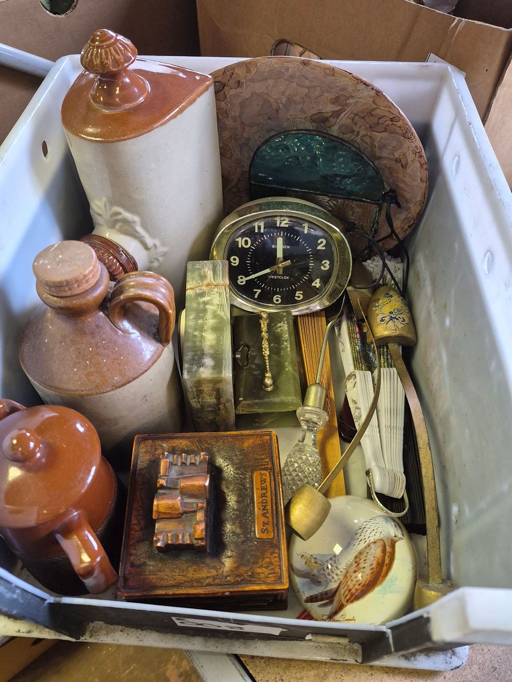 Lot 161 – Box of Decorative Collectables Including Westclox Big Ben and Stoneware Flagons
