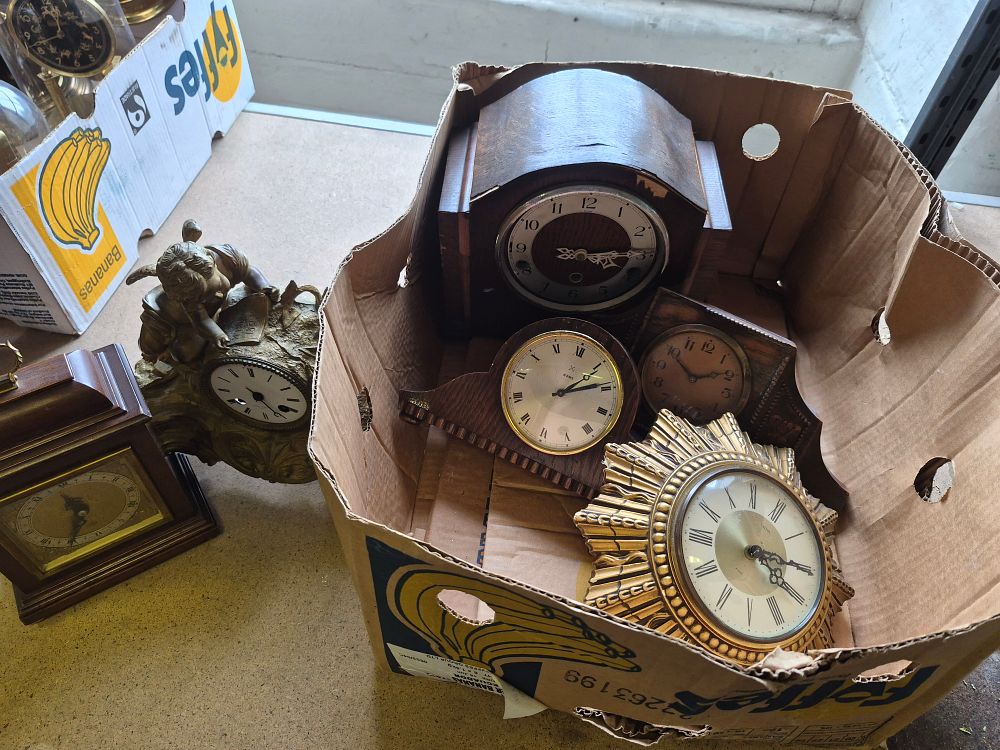 Lot 164 – Box of Mantel and Wall Clocks Including Elliott of London and Smiths