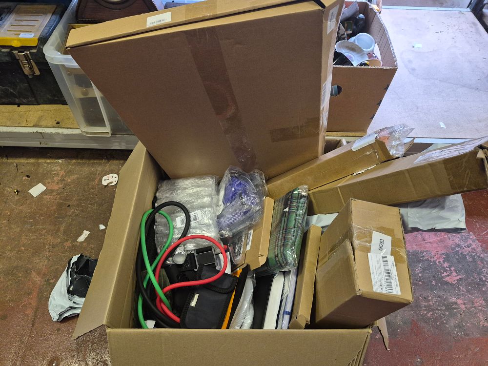 Lot 174 – Box of Mixed General Merchandise Including Defender Fitness Equipment and Stationery amazon returns