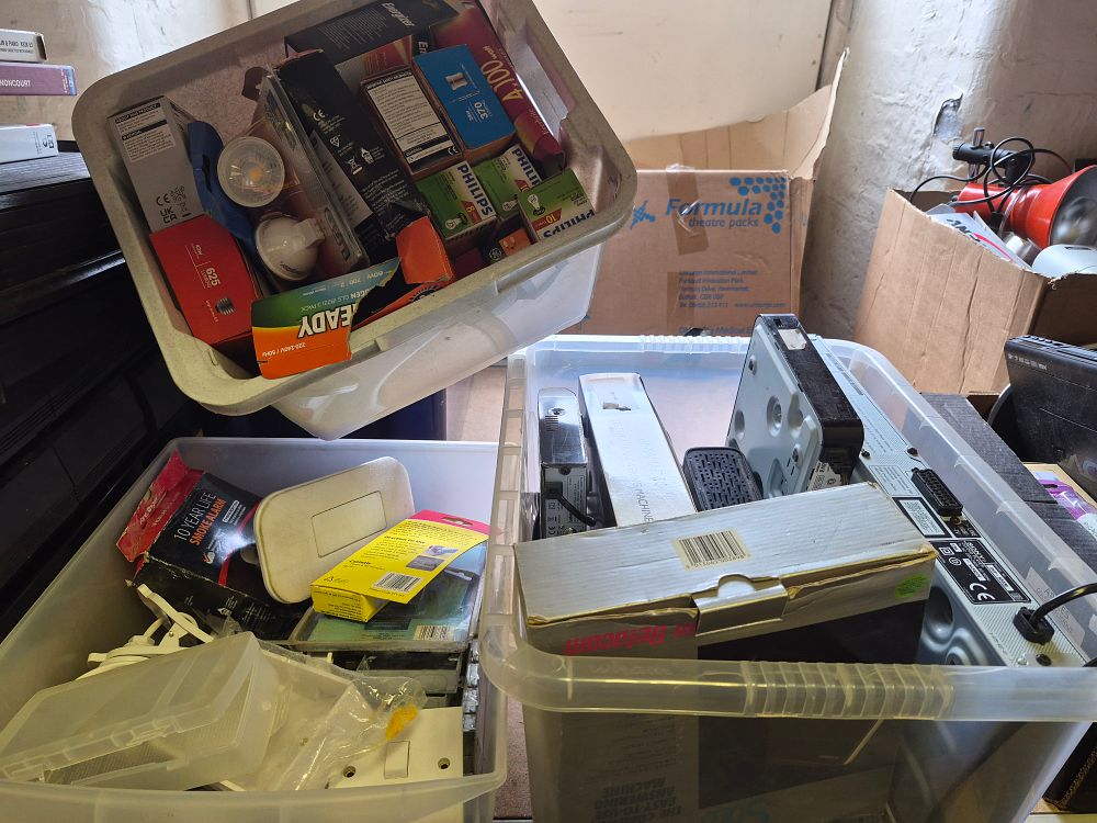 Lot 210 – Three Boxes of Electrical Accessories and Lighting Including Sony Philips and Energizer