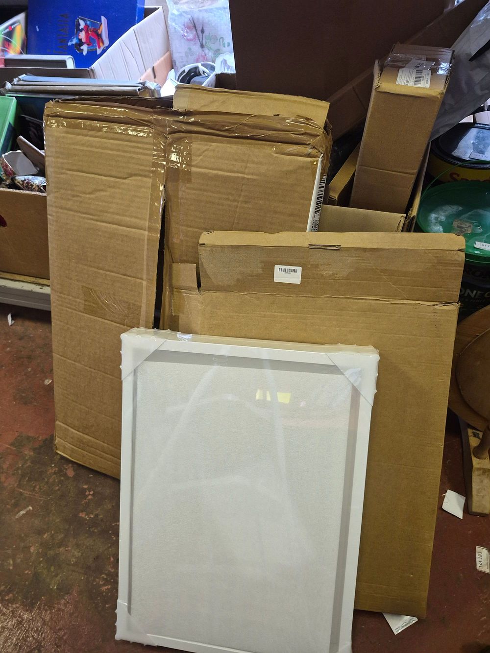 Lot 213 – Two Boxes of Mixed General Household Goods and Homeware Including Computer Table Attachment and Picture Frames
