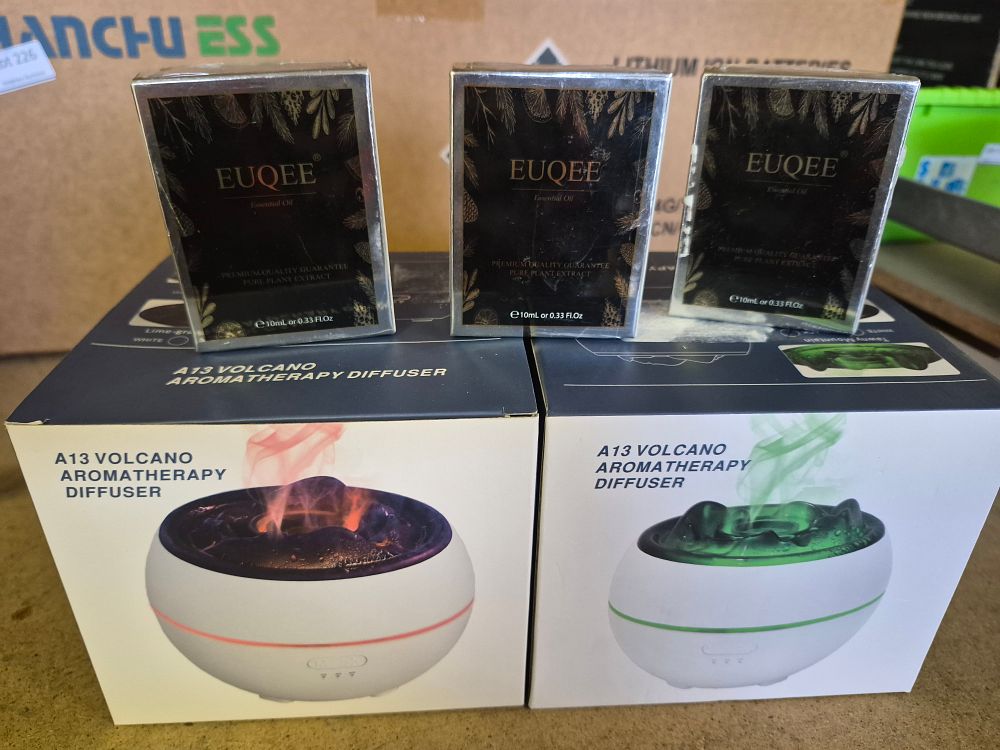 Lot 233 – Two New A13 Volcano Aromatherapy Diffusers and Three EUQEE Essential Oils
