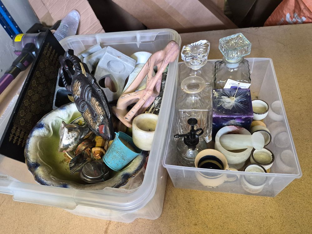 Lot 238 – Two Boxes of Miscellaneous Collectables Including Millennium Candle and Glass Spirit Decanters