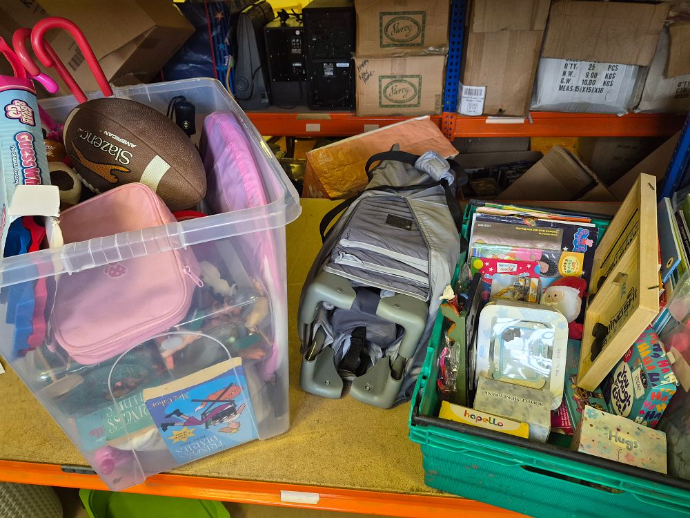 Lot 239 – Two Boxes of Children’s Toys Books and Nursery Equipment Including Slazenger and Peppa Pig and Travel Cot