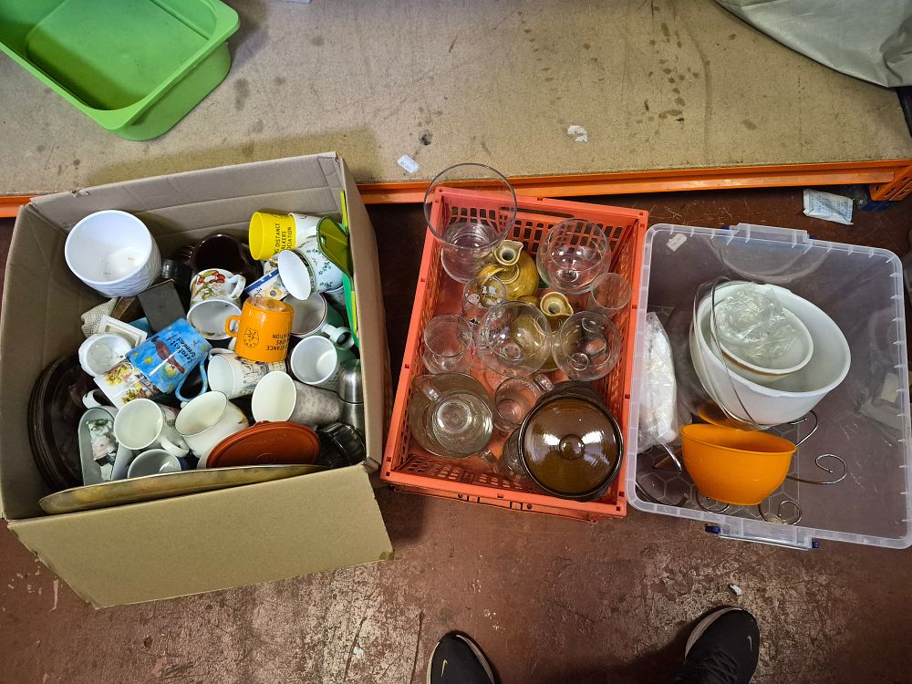 Lot 240 – Three Boxes of Miscellaneous Ceramic Kitchenware and Glassware Including Pyrex