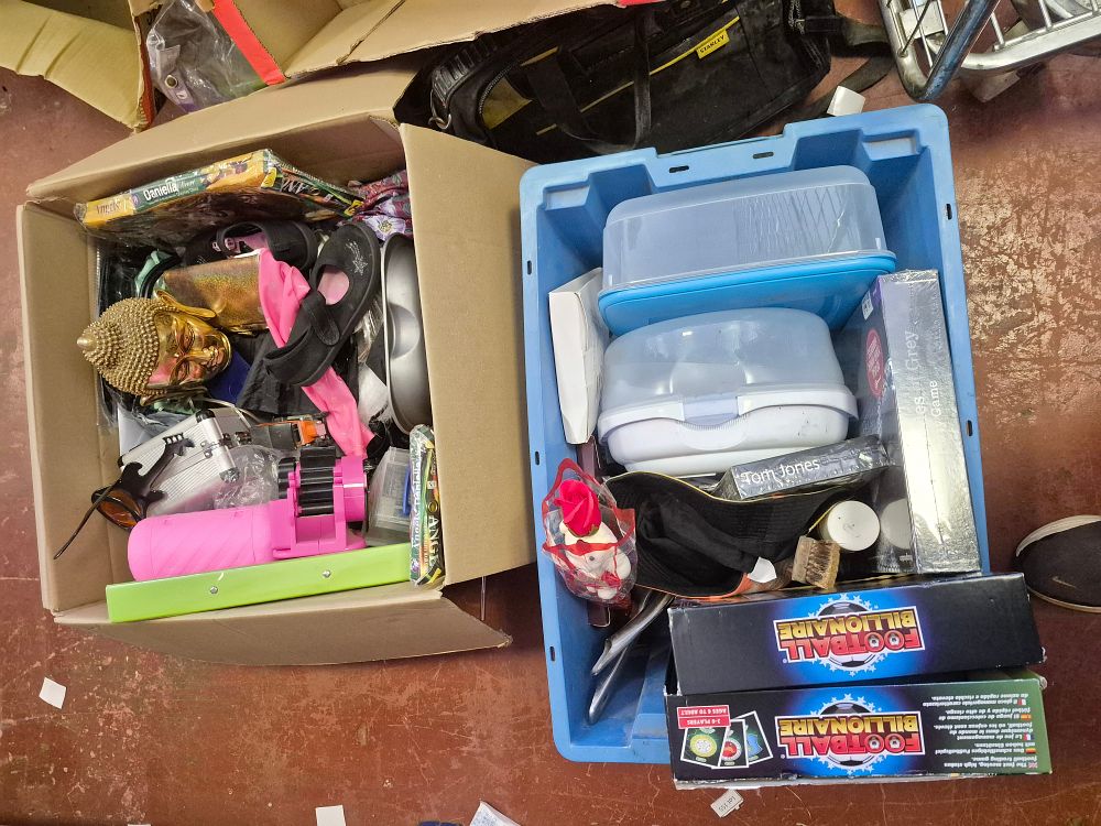 Lot 249 – Two Boxes of Miscellaneous Household Goods Games and Collectables Including Football Billionaire and Stanley
