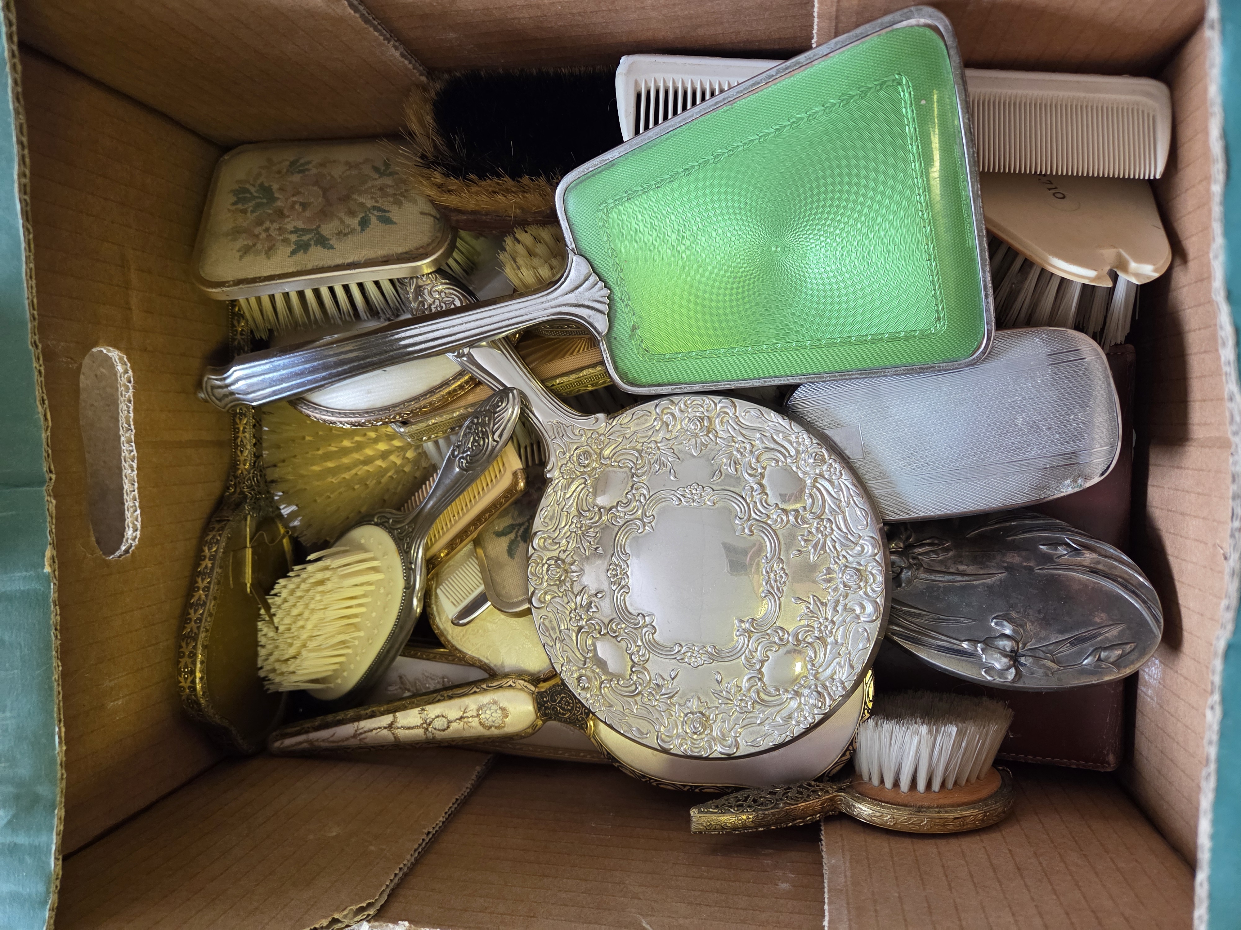 One Box of Vintage Vanity Items Including Guilloche Enamel and Art Nouveau Mirrors